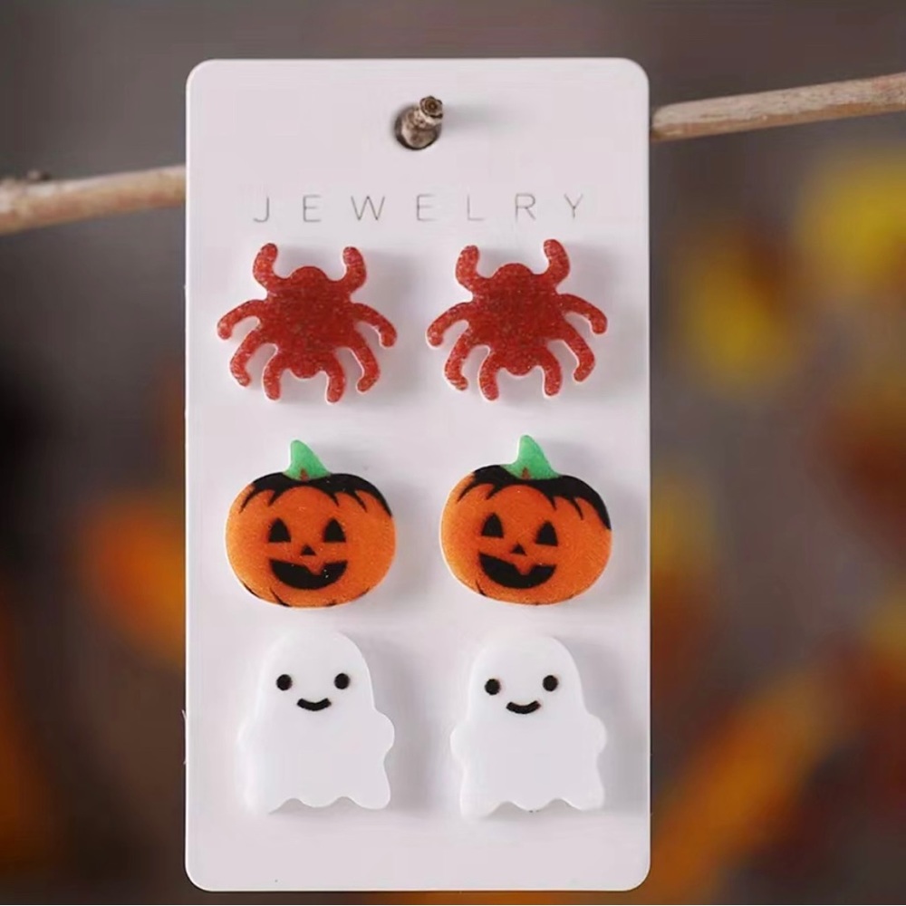 Set of 3 Halloween Earrings Spider Ghost Pumpkin Jack o Lantern - Picture 1 of 6